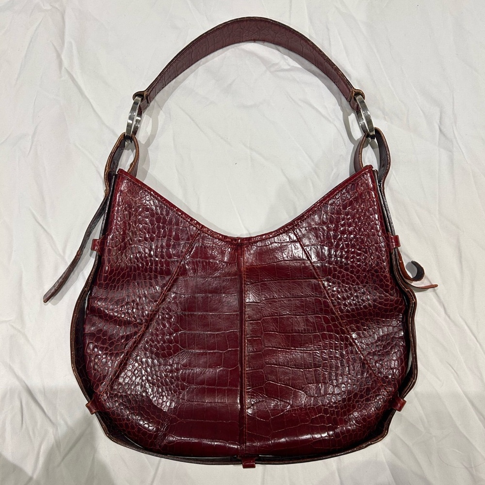 Vintage Handmade Red Croc-Embossed Leather Shoulder Bag
